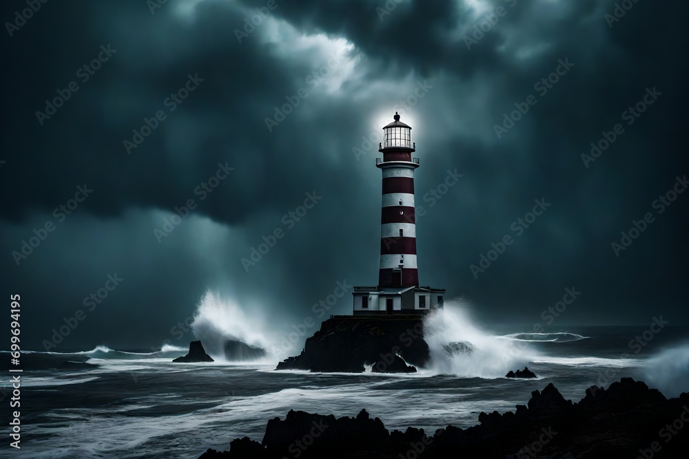 a solitary lighthouse stands as a stoic guardian on a stormy coast, its beam cutting through the darkness with unwavering resolve. 