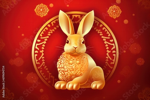 chinese happy new year with rabbit, red and gold.