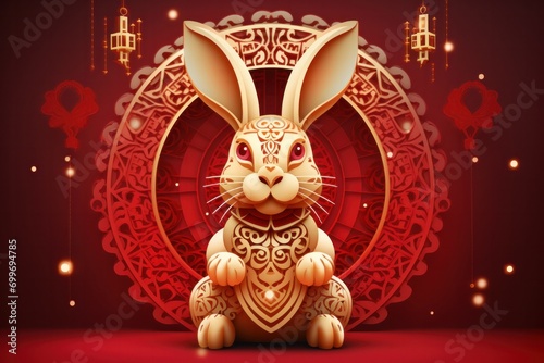 chinese happy new year with rabbit, red and gold.