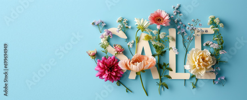 Text sale made of fresh spring flowers on blue colored background, top view. Creative banner for sale and discounts in store, 3d render style.
