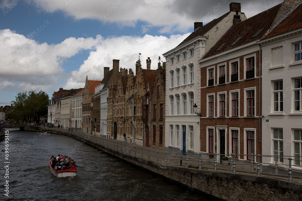 Medieval Town Bruges old city in Flanders in Belgium Europe. Art and culture. Tourists city called the Venice of the North. Ancient medieval architecture gothic buildings, canals, cobbled alleyways