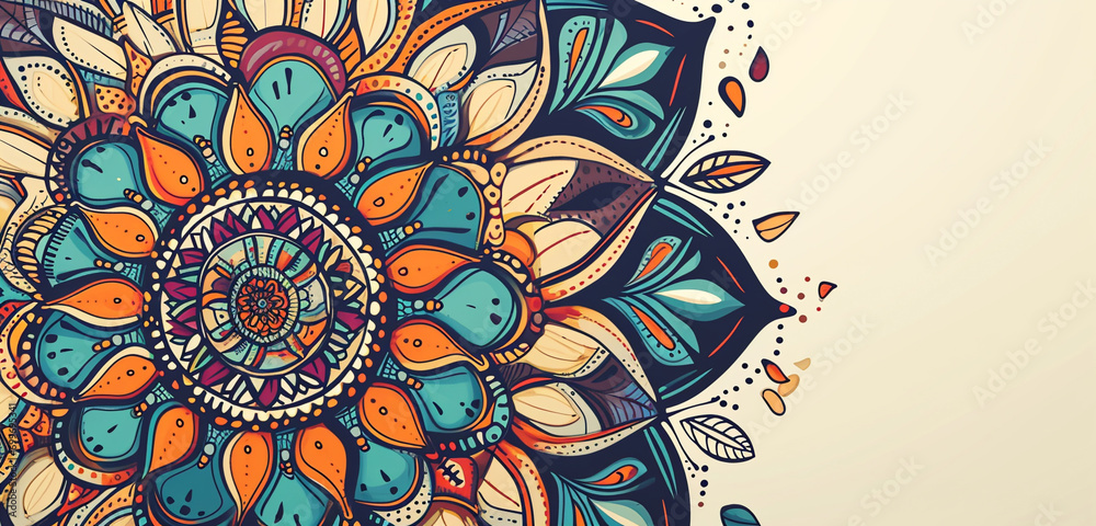 Illustrate an intricate mandala with a calming color palette, incorporating detailed line work and abstract shapes. The design should be centered, leaving clear space on the right side for text. Illustrate an intricate mandala with a calming color palette, incorporating detailed line work and abstract shapes. The design should be centered, leaving clear space on the right side for text.