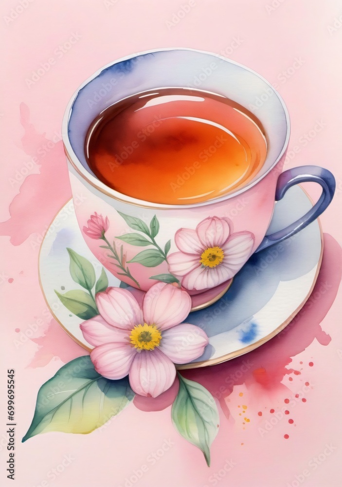 A Painting Of A Cup Of Tea And Flowers A Painting Of A Cup Of Tea And Flowers