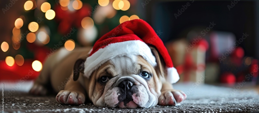 Santa hat-wearing English bulldog pup.