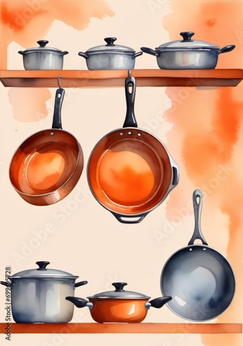 A Painting Of Pots And Pans On A Shelf