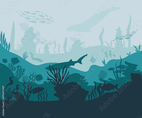 Silhouettes of fish and seaweed against the seabed background. Vector illustration