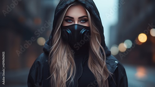 Woman with gas mask and hoodie AI generated image
