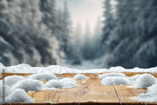Desk of free space and winter background of snow and frost.  © magdal3na