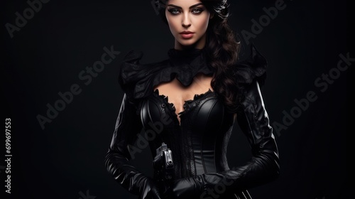 Sexy black outfit woman carrying a gun AI generated image