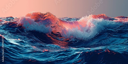 beautiful wave ocean with pink sunset light