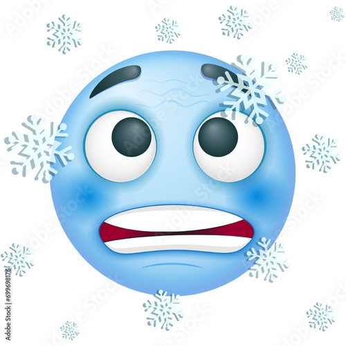 Cold emoji with snowflakes on white background. Vector frozen emoji. Blue face. Cute emoticon