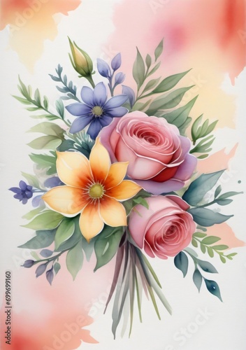 Watercolor Flowers Bouquet On Watercolor Background