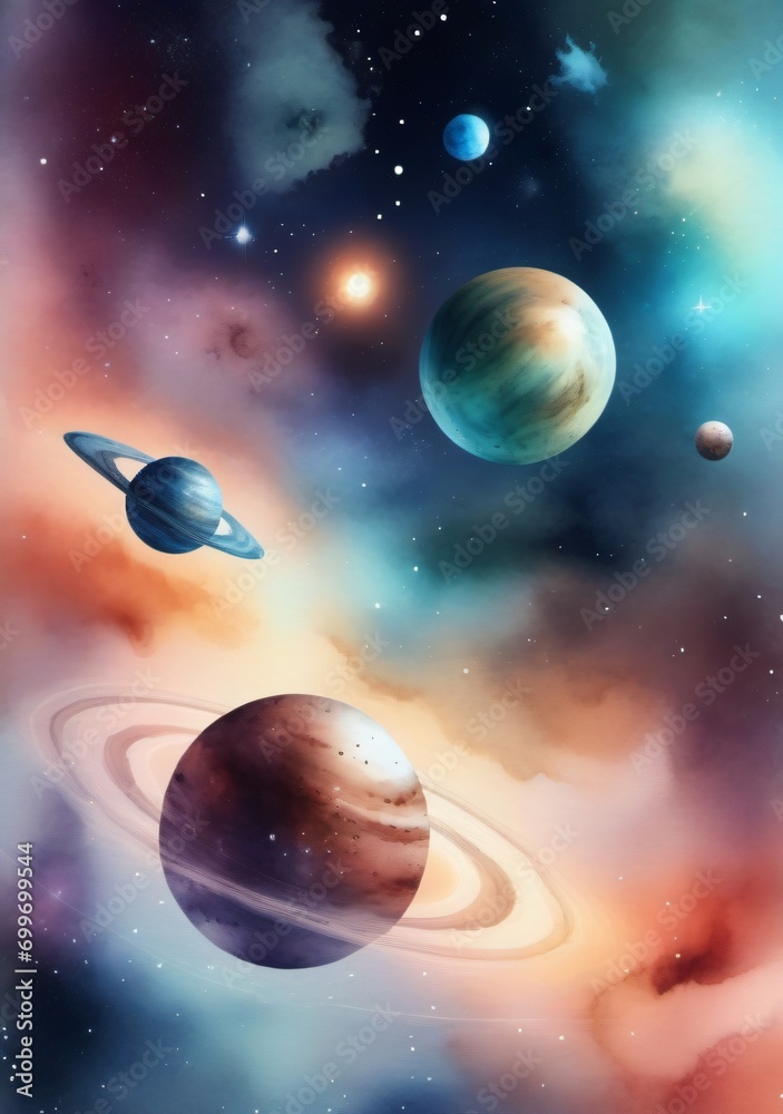 A Painting Of Planets And Stars In The Sky