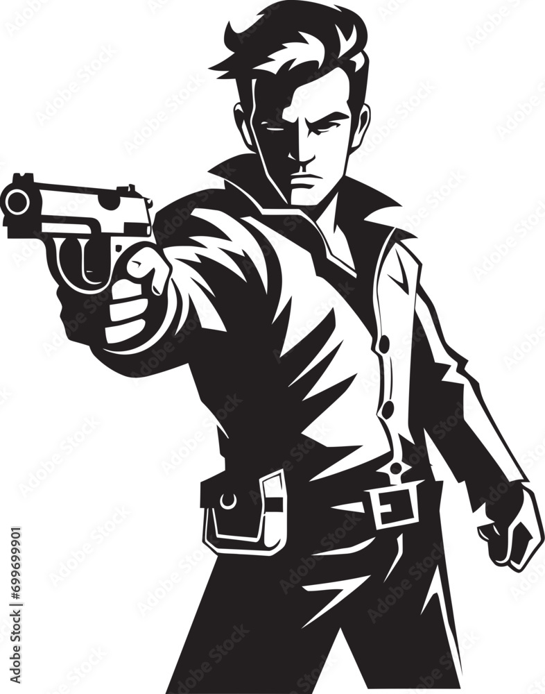 Firing Line Elegance Vector Emblem Man and Revolver Black Gun Logo Firing Line Elegance Vector Emblem Man and Revolver Black Gun Logo