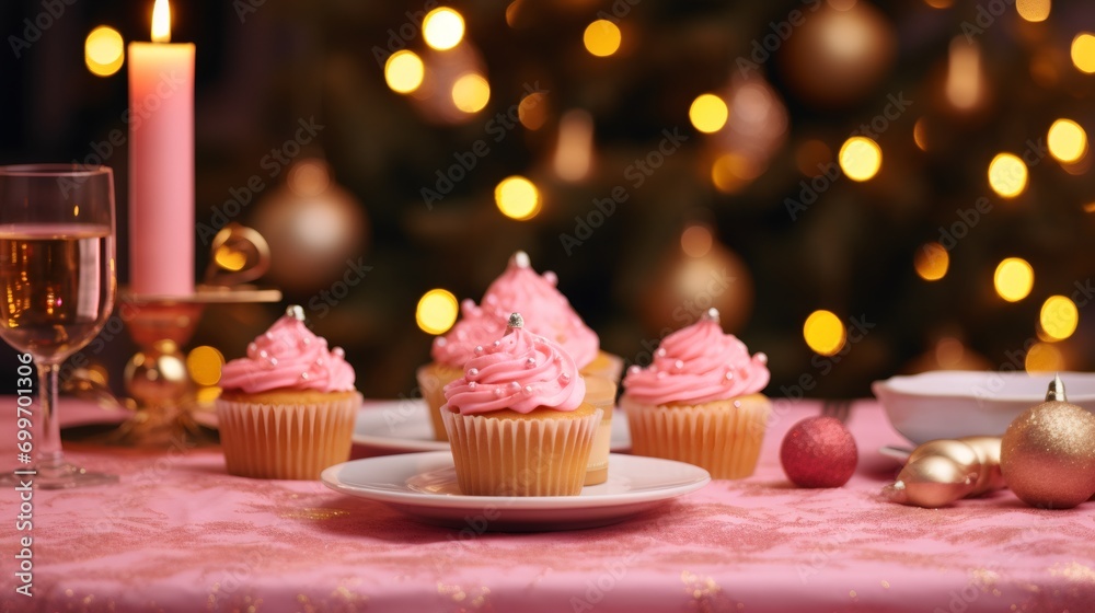 Four pink cupcakes with a candle and decorations on the table.