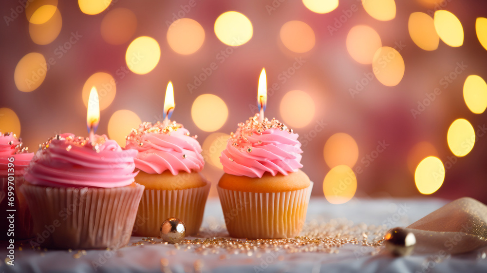 Three pink cupcakes with a candle and decorations on the table. Three pink cupcakes with a candle and decorations on the table.