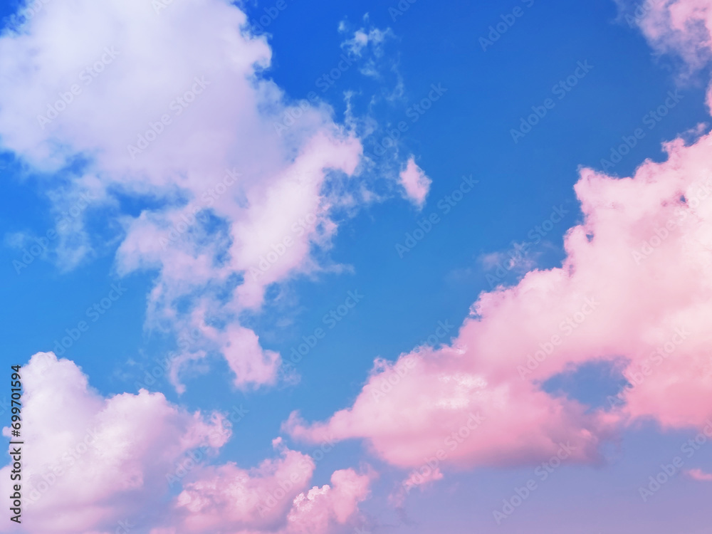 beauty sweet pastel pink and white blue colorful with fluffy clouds on sky. multi color rainbow image. abstract fantasy growing light