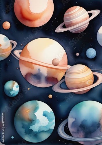 A Watercolor Painting Of Planets And Stars