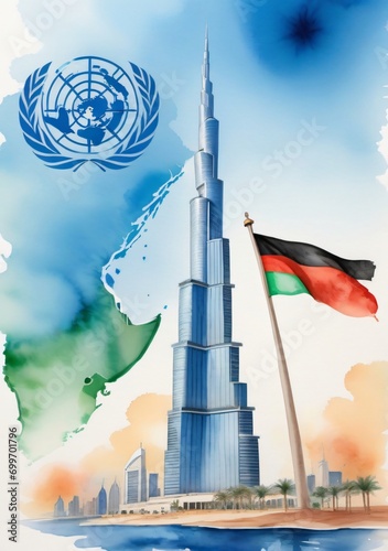 United Araba Flag And Bu Bura Tower In Dubai photo