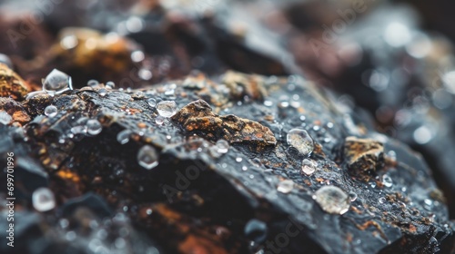  a close up view of water droplets on a piece of rock with a blurry background of water droplets on the surface of the rock.