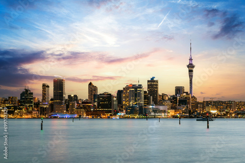 Auckland skyline at sunrise, Auckland, New Zealand 