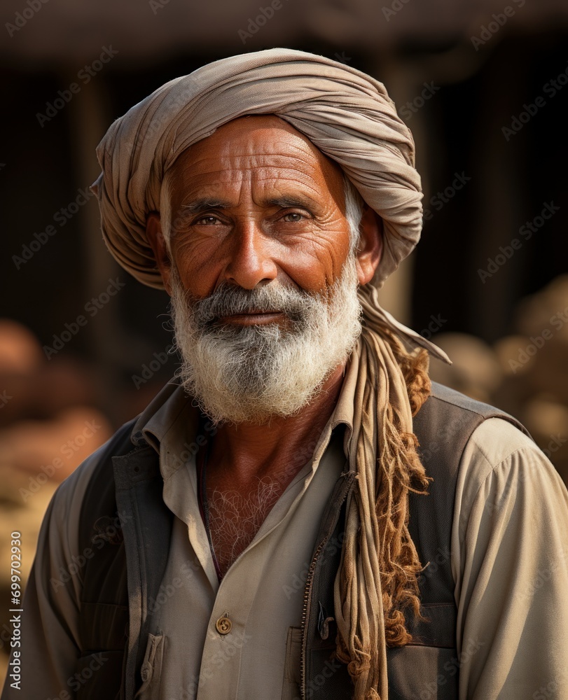 Indian Farmer standing and smiling, full figure,