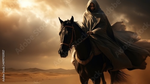 Muslim woman in hijab is riding a horse AI generated image photo