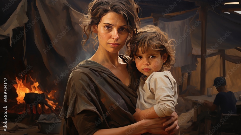 Woman with child in refugee camp AI generated image