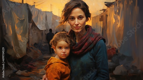 Woman with child in refugee camp AI generated image