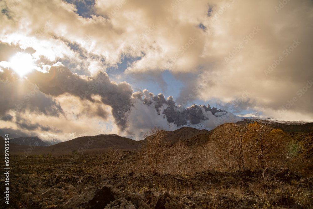 Eruptive vent with lava emis at the top of the Etna volcano