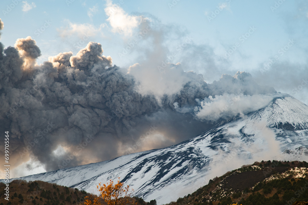 Eruptive vent with lava emis at the top of the Etna volcano
