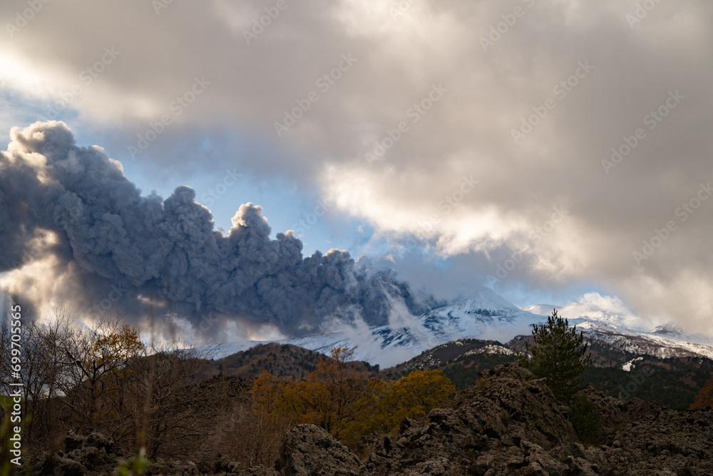 Eruptive vent with lava emis at the top of the Etna volcano
