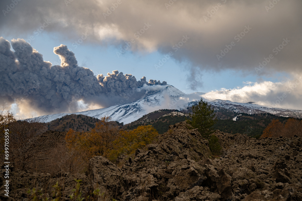 Eruptive vent with lava emis at the top of the Etna volcano