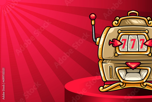 Casino slot machine on podium with red background for gamble game online company