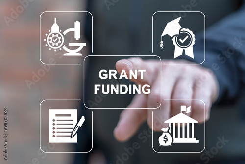 Obraz na płótnie Man using virtual touchscreen presses inscription: GRANT FUNDING. Concept of business, education grants funding. Innovation Grant Fund Application Donation. w salonie