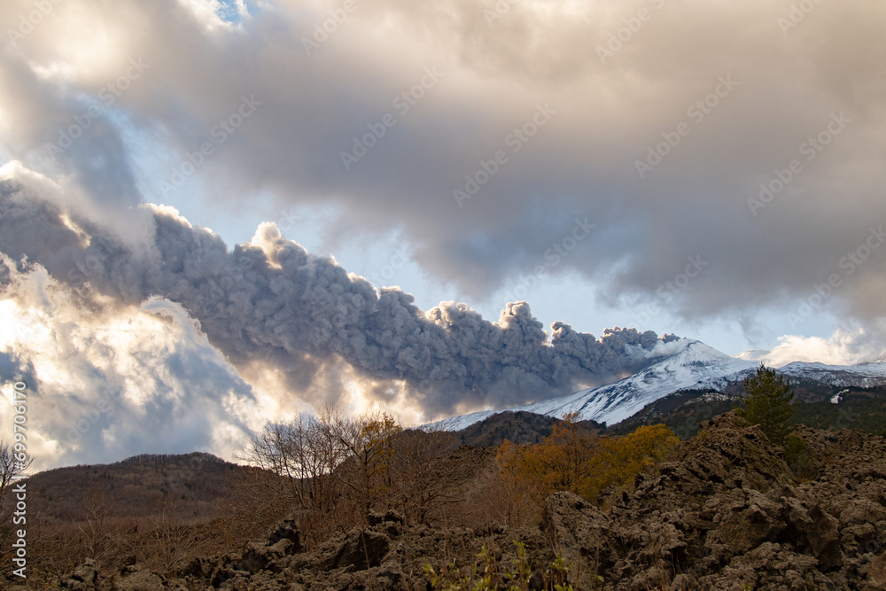 Eruptive vent with lava emis at the top of the Etna volcano