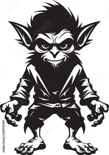 Micro Mayhem Cartoon Goblin Logo Pocket Sized Prankster Black Vector Symbol