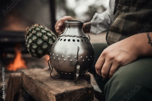 Enjoying Argentinean mate outdoors with traditional gourd and steel kettle. Generative AI photo