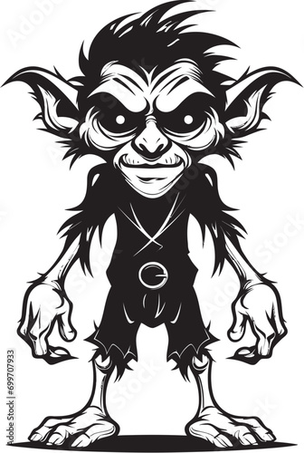Whimsical Wonders Cartoon Midget Goblin Diminutive Delight Black Vector Emblem
