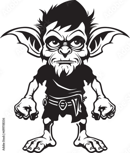 Micro Mayhem Cartoon Goblin Logo Pocket Sized Prankster Black Vector Symbol
