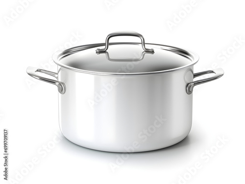 stainless steel saucepan with lid isolated on white background.
