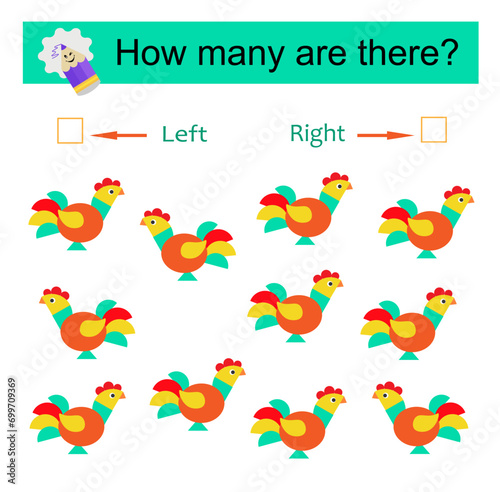 Left or Right. Educational game for kids. Count how many birds are turned left and how many are turned right.