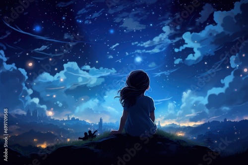 girl looking at the moon in the city night photo