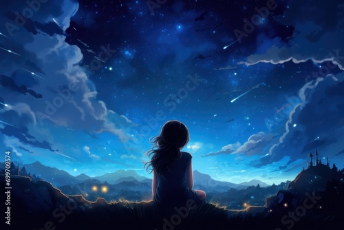 girl looking at the moon in the city night