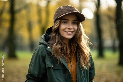 A woman standing in a park wearing a hat © pham