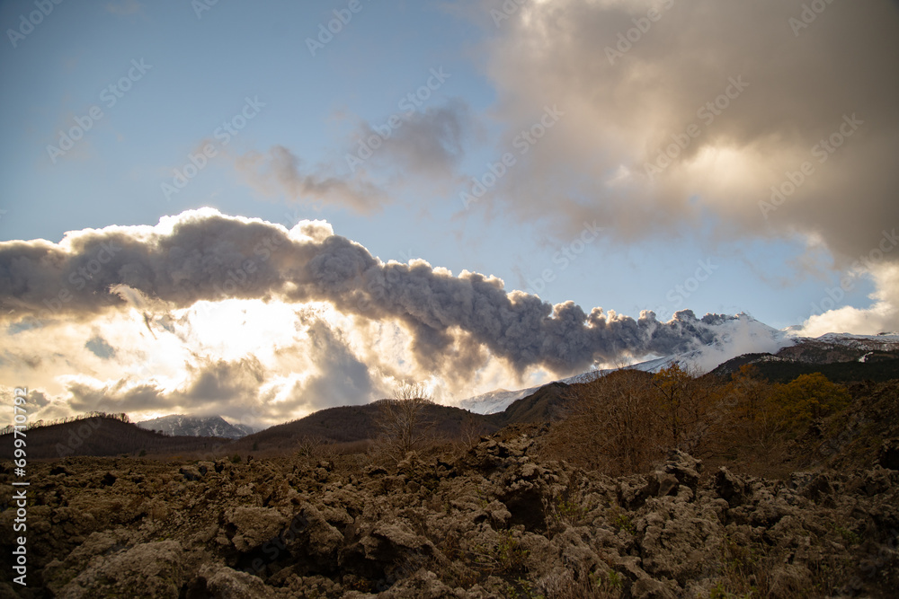 Eruptive vent with lava emis at the top of the Etna volcano