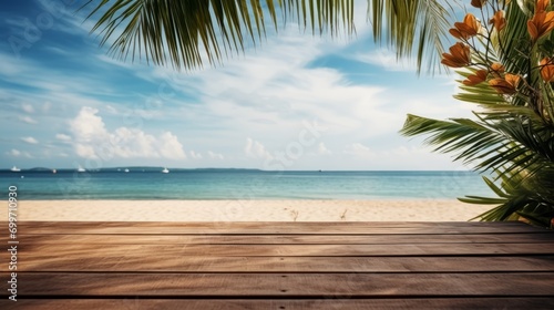 Wooden terrace and tropical seascape Wooden table with green palm leaves on sea ocean beach bright clear sky background