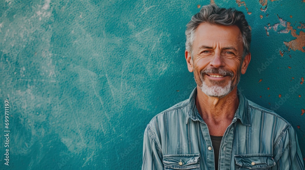 A portrait of a middle-aged man in a stylish outfit on a calming, serene teal backdrop.  - obrazy, fototapety, plakaty 