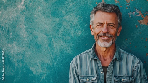 A portrait of a middle-aged man in a stylish outfit on a calming, serene teal backdrop. 