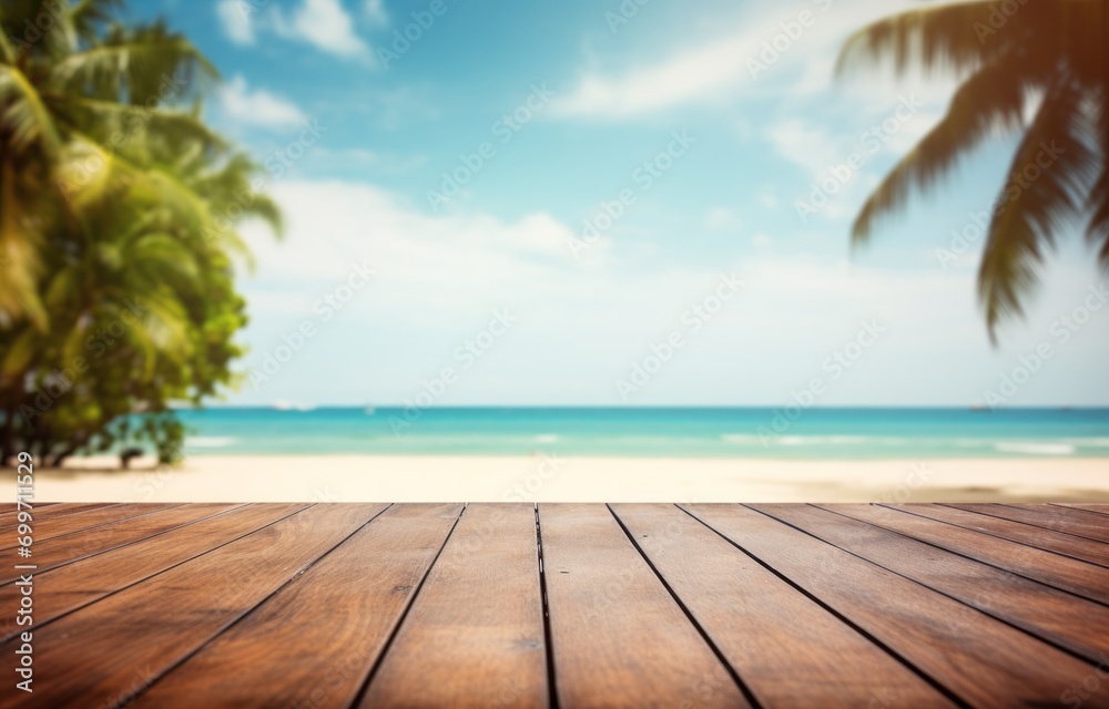wooden table on the beach background mockup wooden table on the beach background mockup